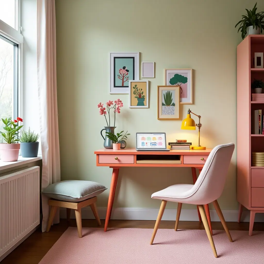 a photo of a vibrant kids' room integrating a vintage desk with modern accessories