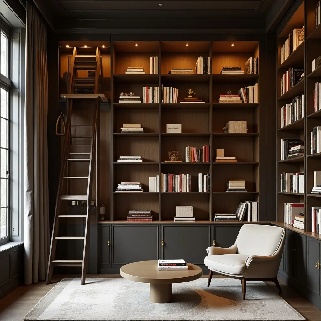 a photo of a chic library with a ladder for reaching high shelves
