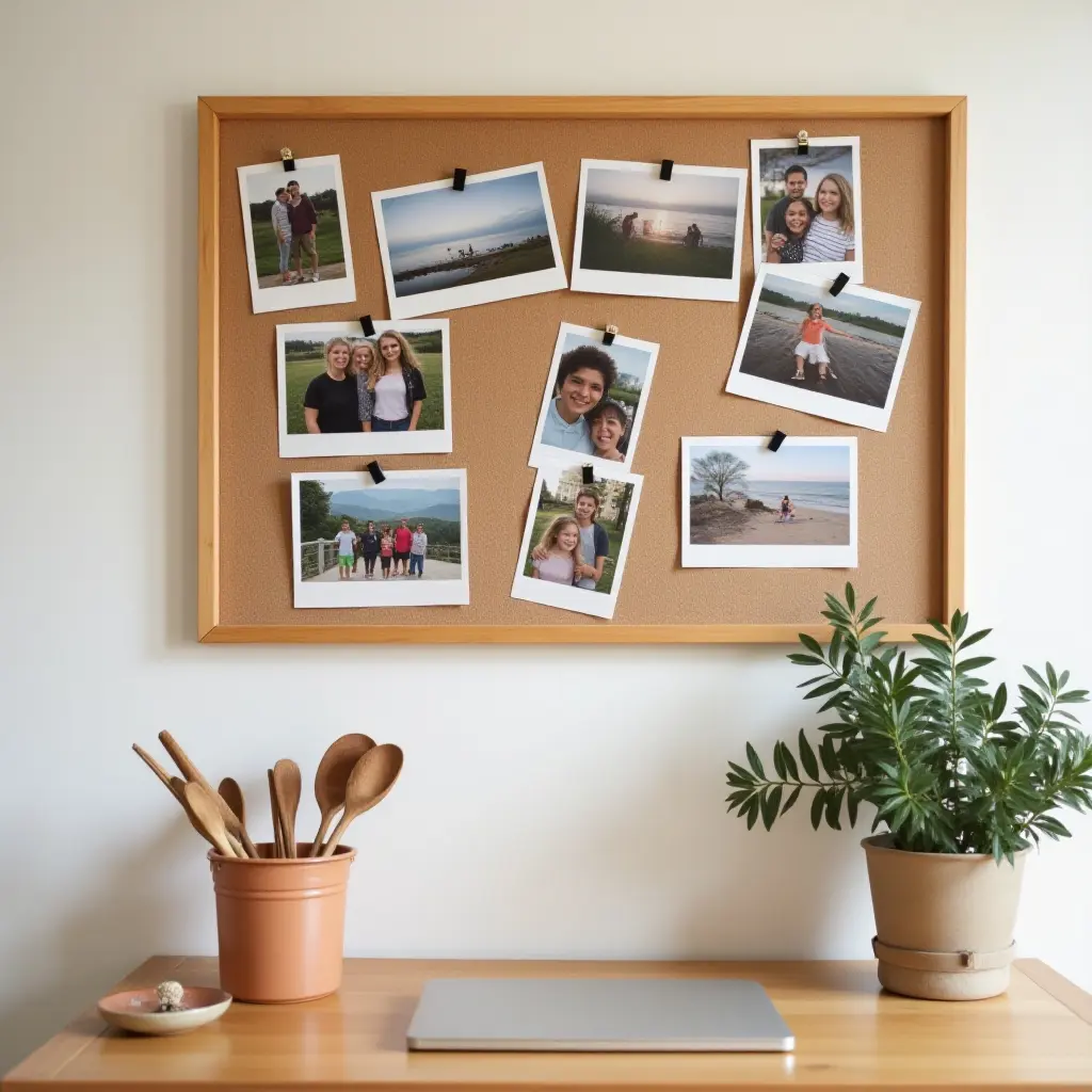 a photo of a wooden bulletin board filled with photos in a teen's space