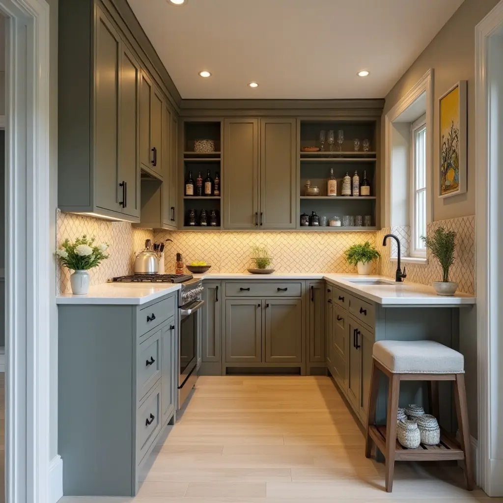 a photo of a butler's pantry featuring a stylish bar area for entertaining