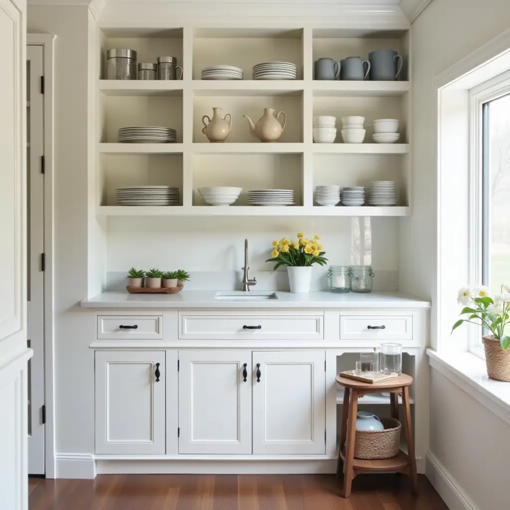 a photo of a butler's pantry with open shelves displaying beautiful dishware