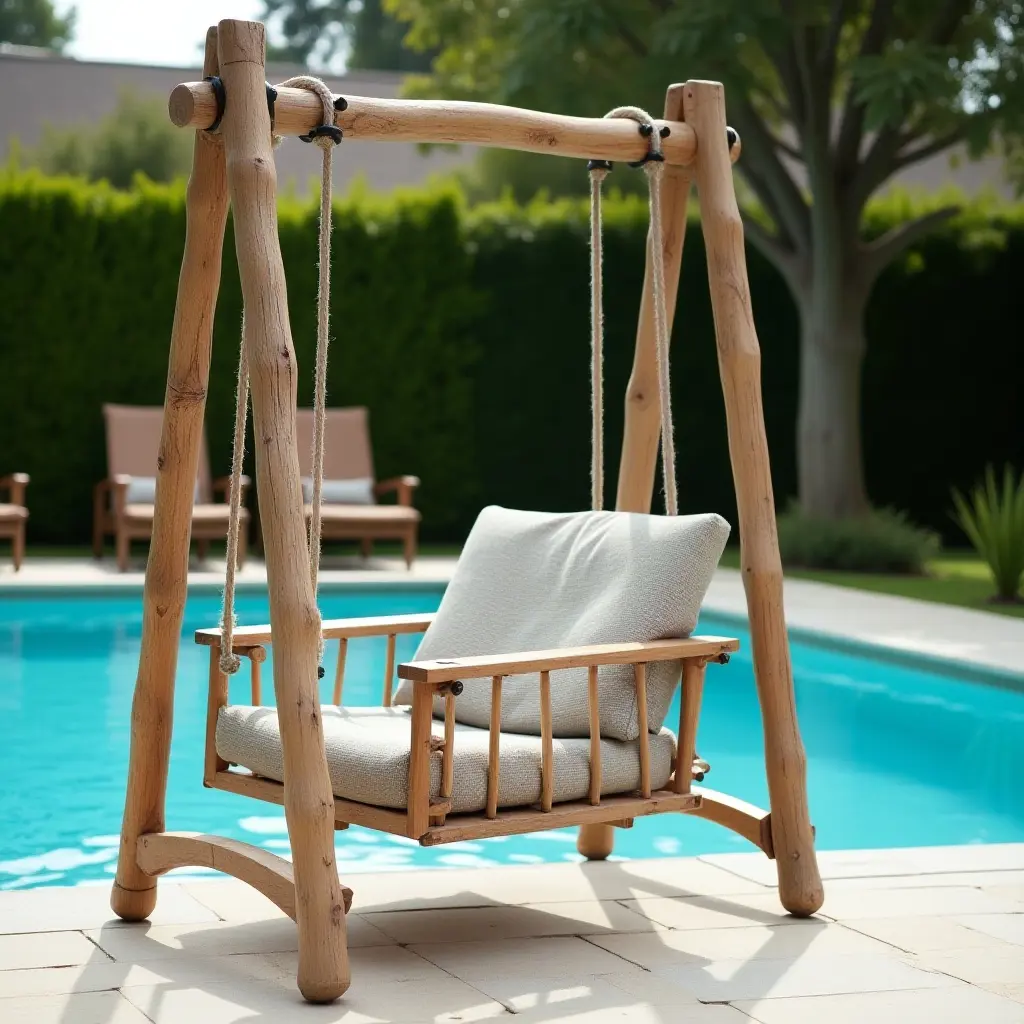 a photo of a playful outdoor swing chair by the pool