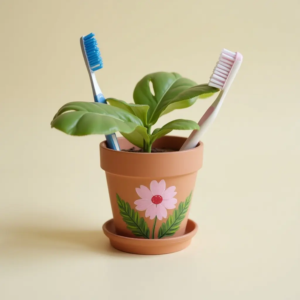 a photo of a painted flower pot used as a toothbrush holder