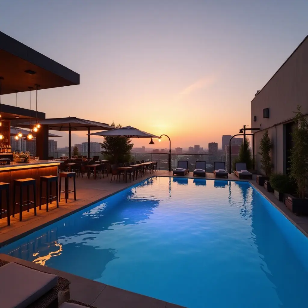 a photo of a chic rooftop bar overlooking a sparkling pool at sunset