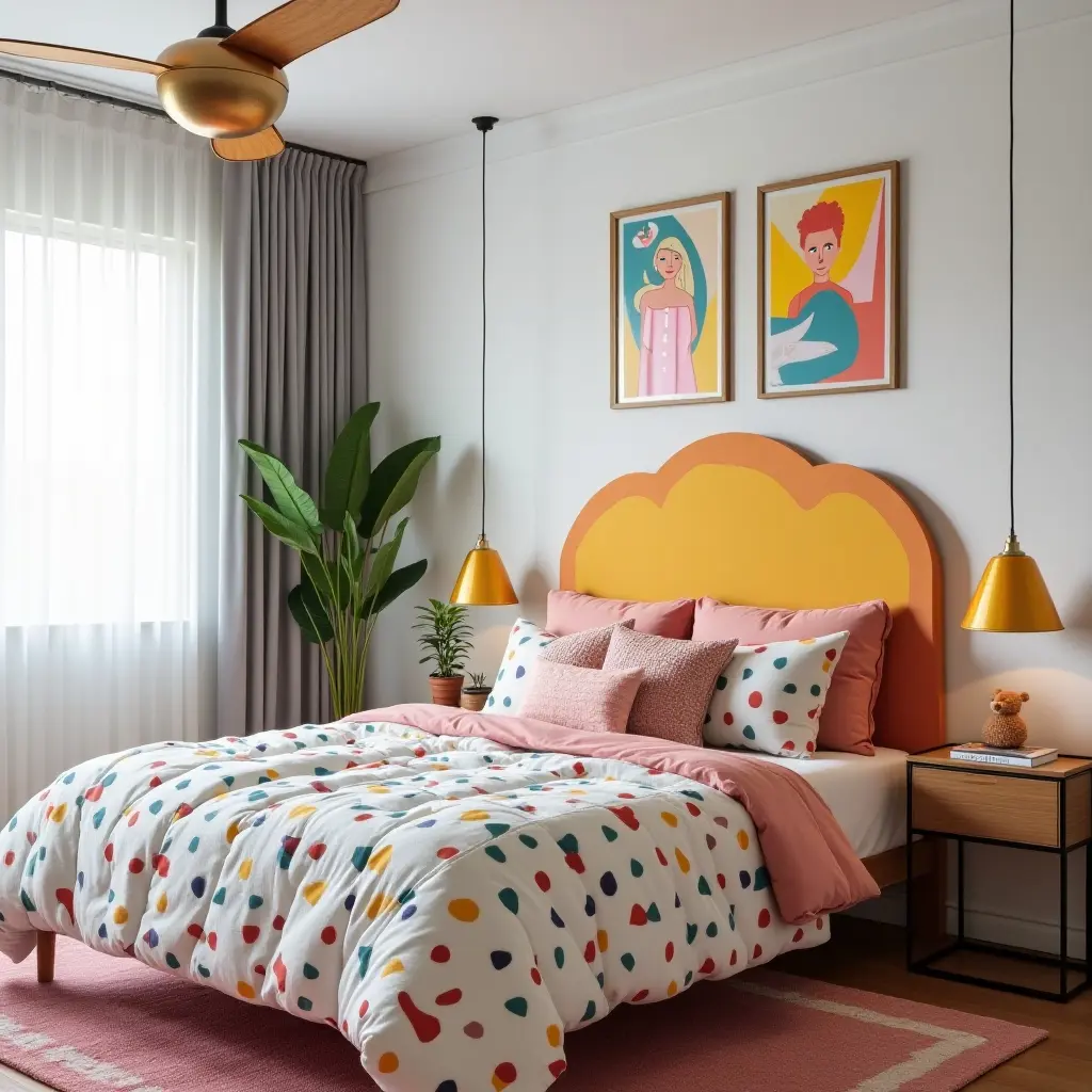 a photo of a colorful bedroom with a DIY headboard and playful decor
