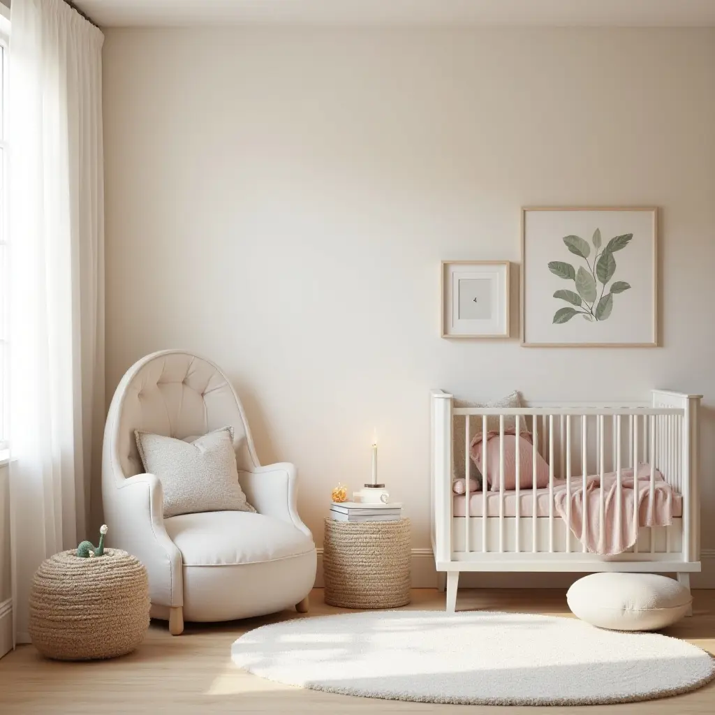 a photo of a nursery with a reading nook decorated with soft pastels