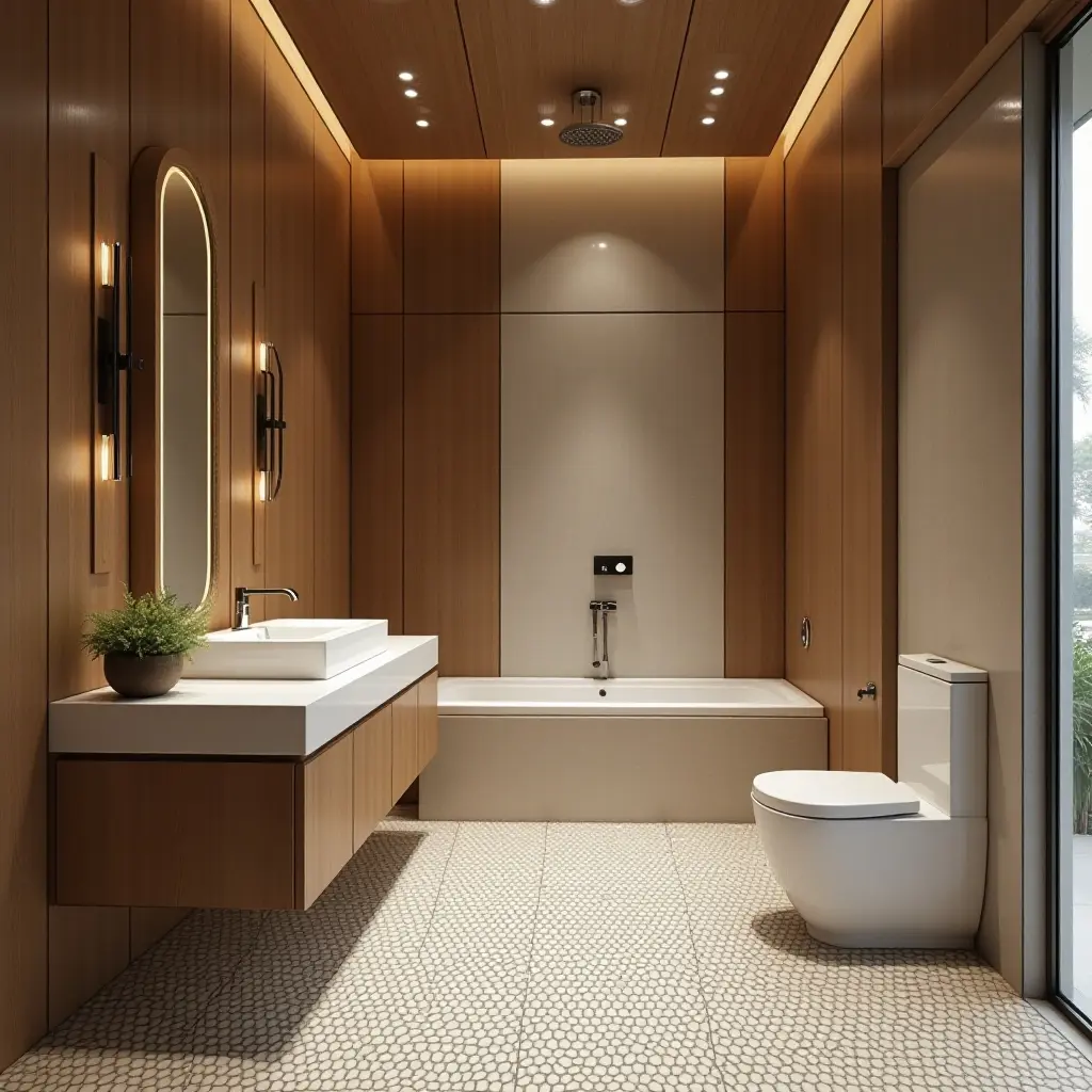 a photo of a luxurious bathroom blending natural wood, shiny metal, and patterned tiles