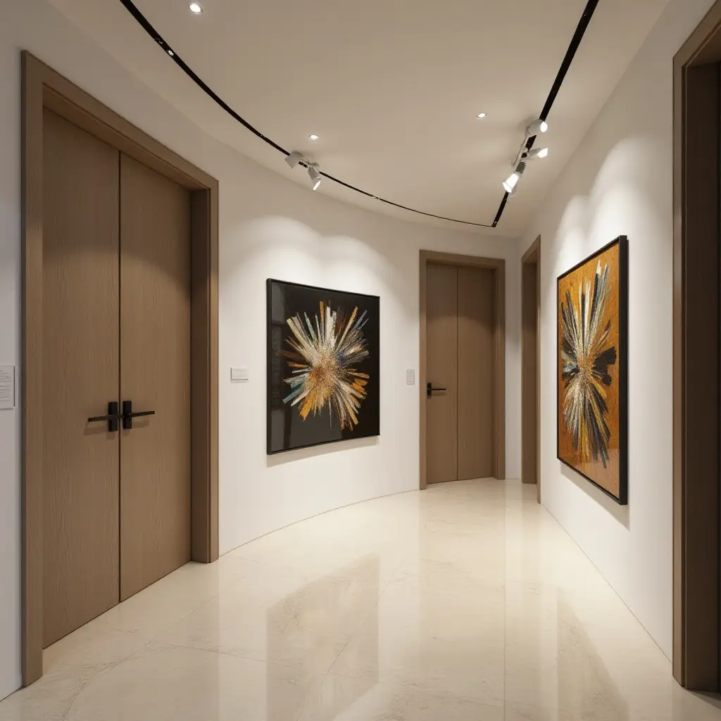 a photo of an entrance hall with a modern art display