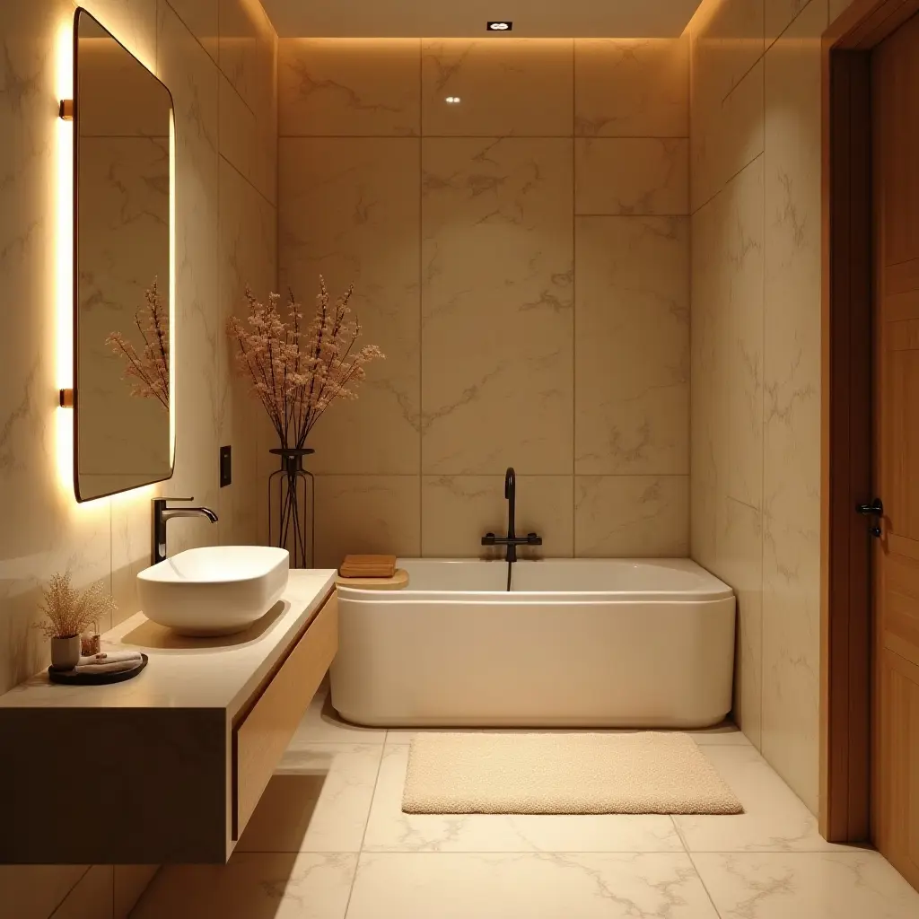 a photo of a bathroom with a warm, inviting atmosphere and decor