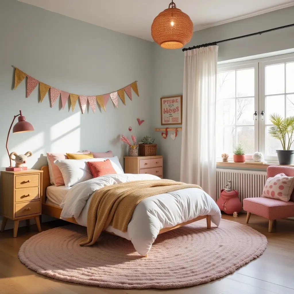 a photo of a colorful children's bedroom with metallic accents on rugs