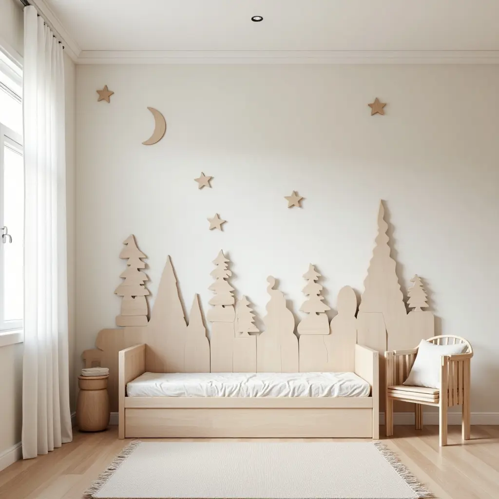 a photo of a playful kids' bedroom featuring wooden wall decor
