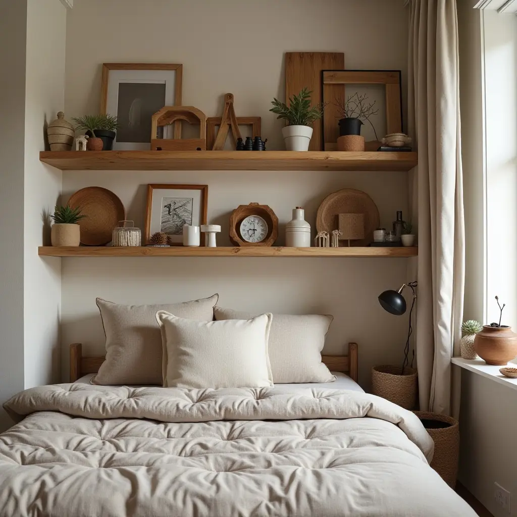 a photo of a rustic teen bedroom shelf showcasing handmade crafts and trinkets