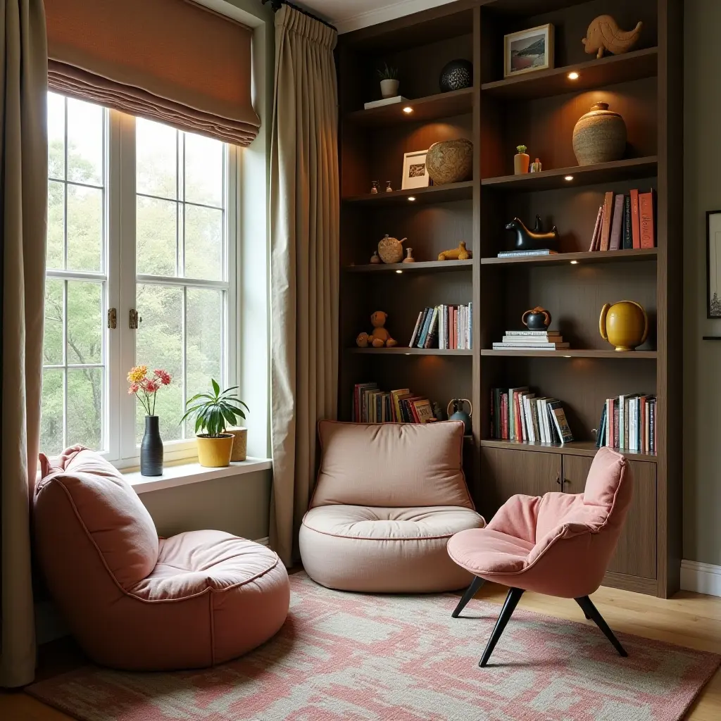 a photo of a cozy kids' nook with vintage bean bags and contemporary bookshelves