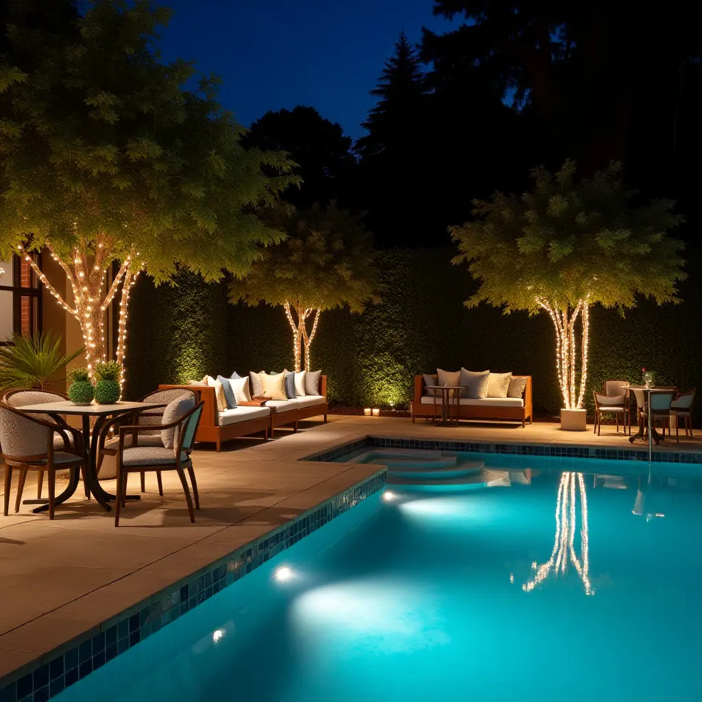 a photo of a sophisticated poolside lounge with metallic decor and lighting