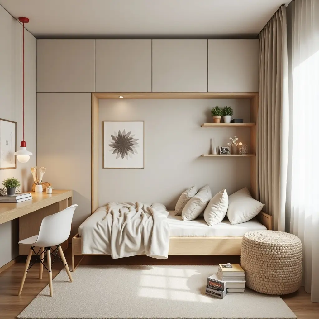 a photo of a cozy small kids' bedroom with multi-functional furniture