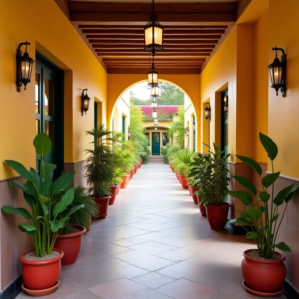 a photo of a corridor decorated with colorful plant pots