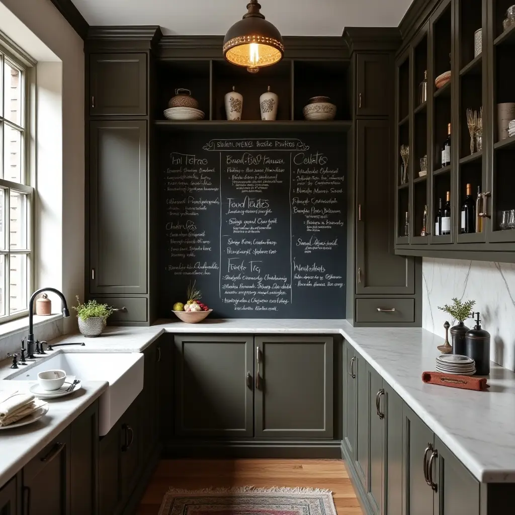 a photo of a butler's pantry with a chalkboard wall for notes and menus