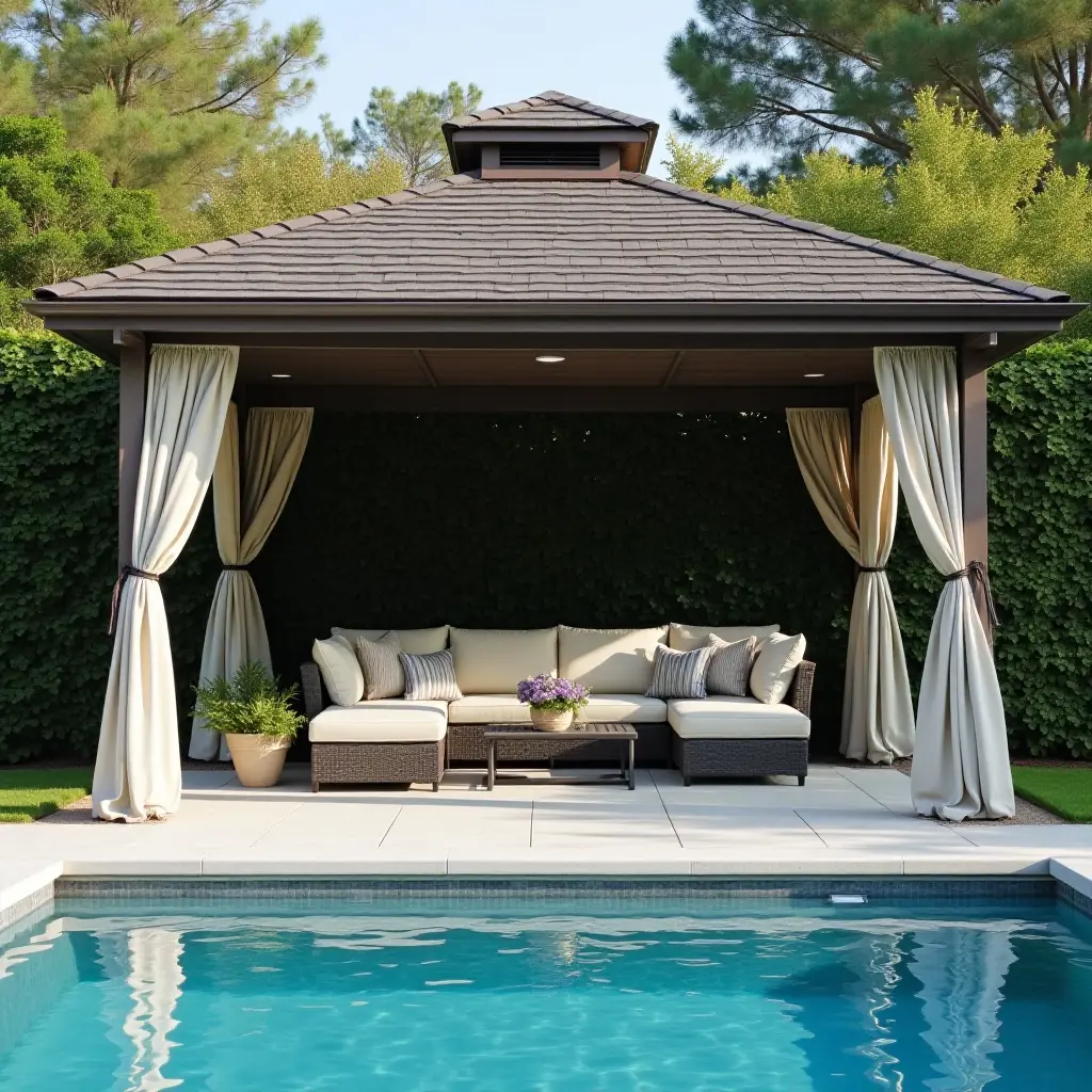a photo of an elegant poolside gazebo with comfortable seating