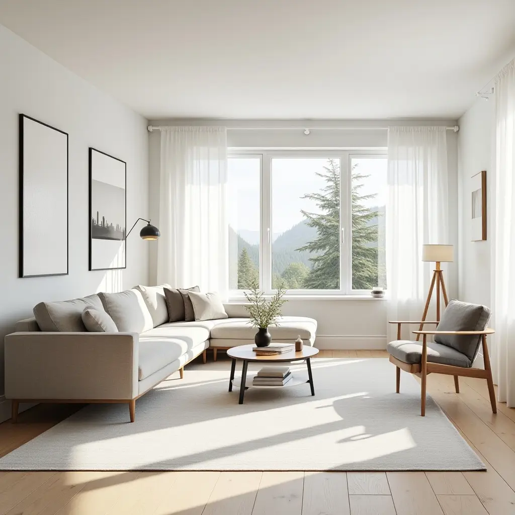 a photo of a Scandinavian living room with a focus on natural light and open space