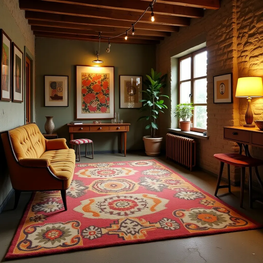 a photo of a retro-style rug with funky patterns in a vintage basement
