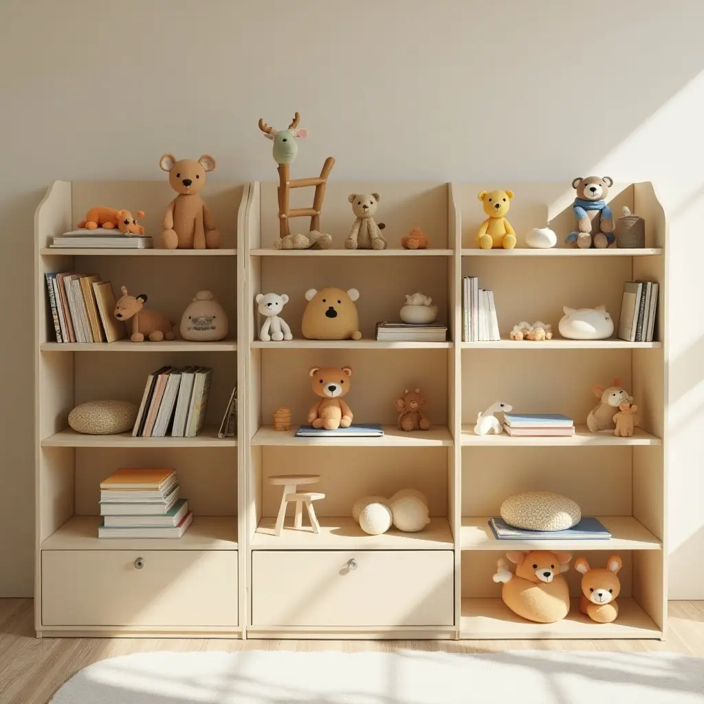 a photo of a children's library with playful storage solutions