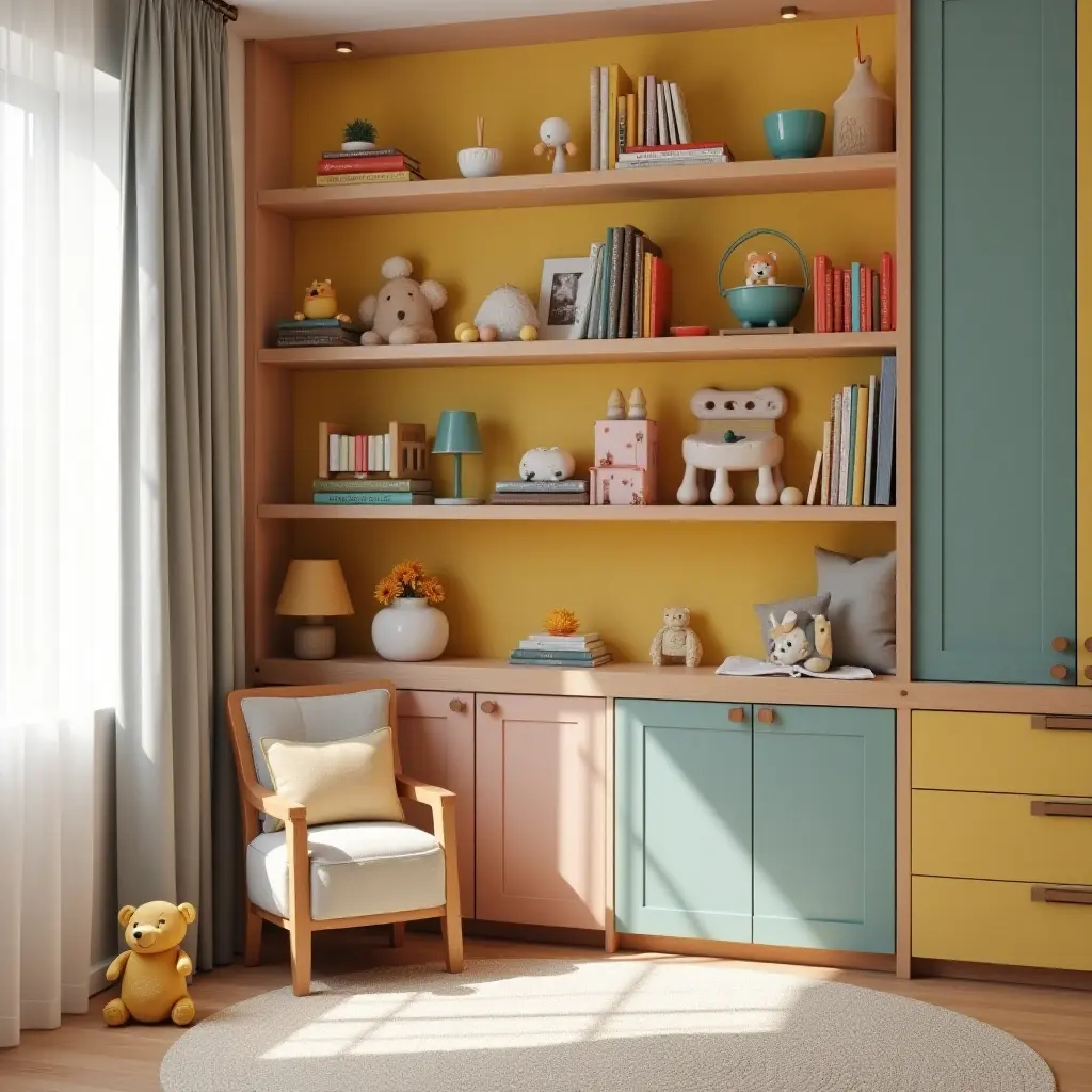 a photo of a colorful children's room with playful open shelving and toys