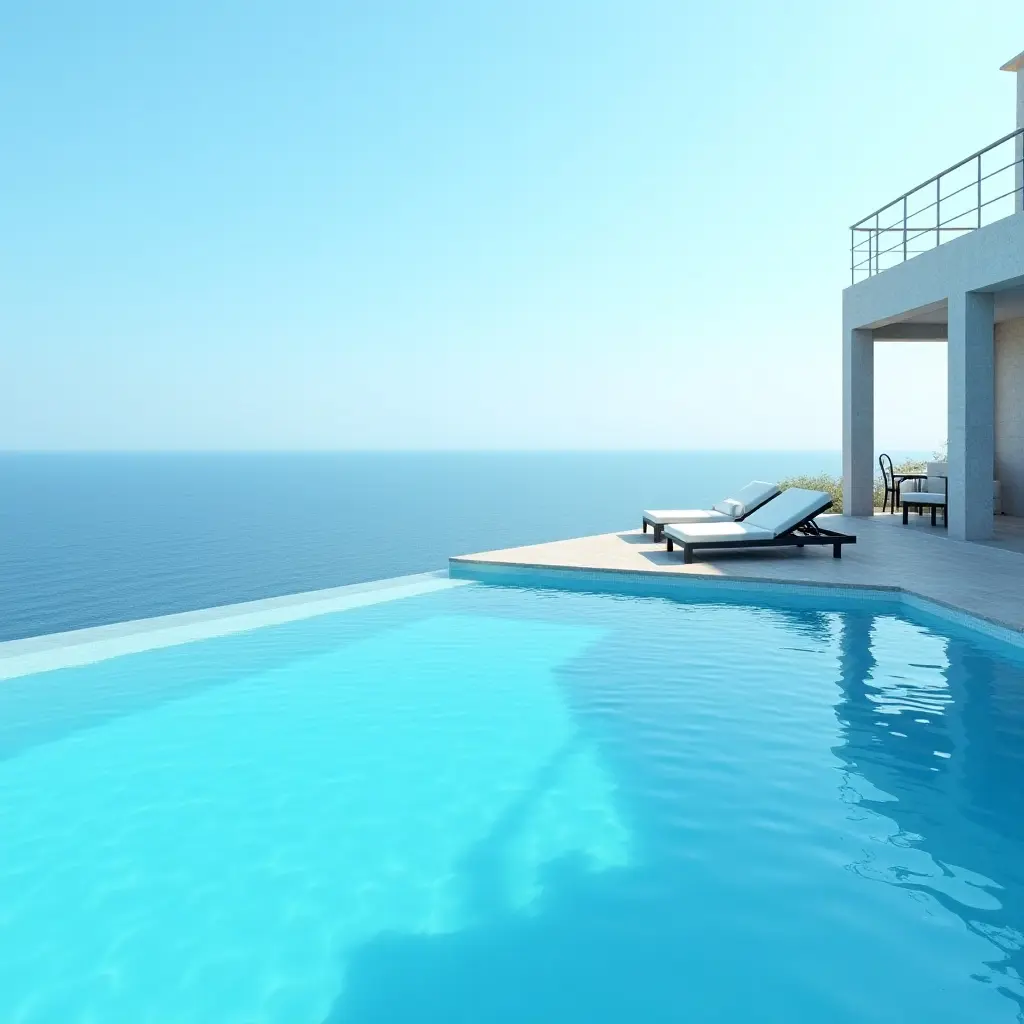 a photo of a luxurious infinity pool with deep blue water and white sun loungers