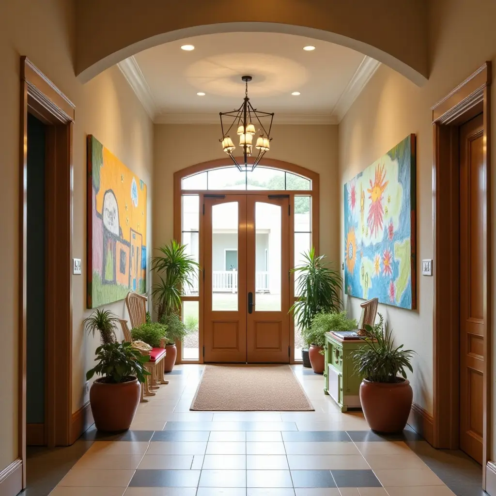 a photo of a whimsical children's art display in an entrance hall