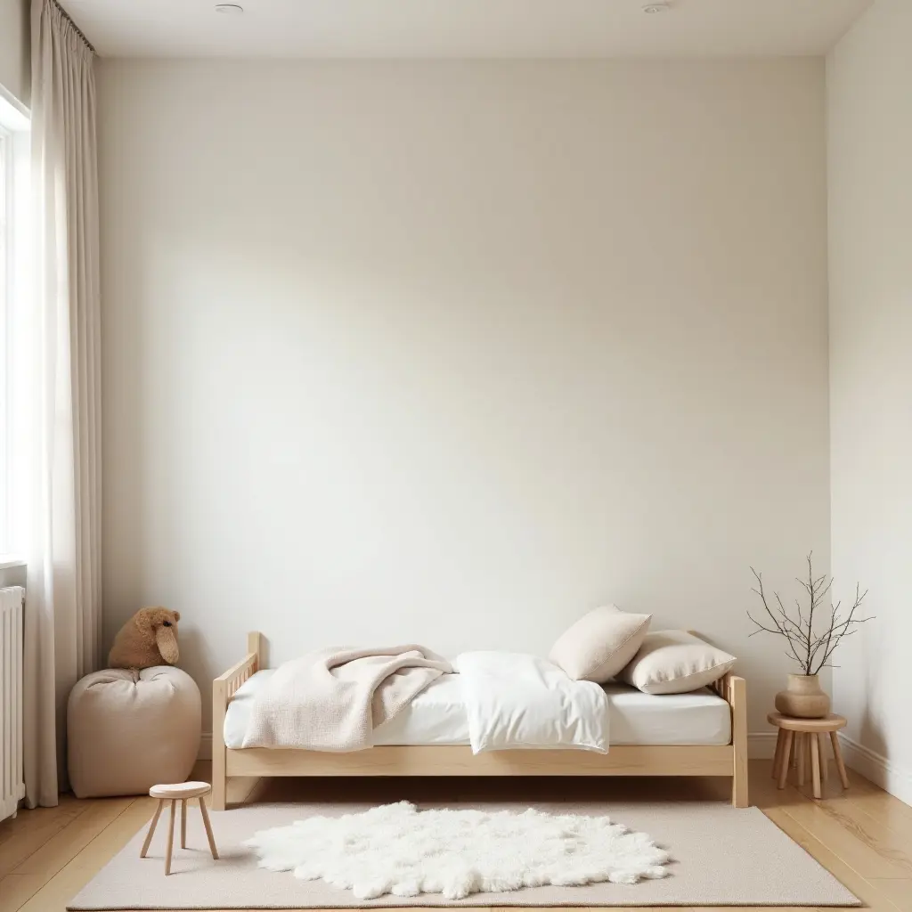 a photo of a minimalist kids' bedroom featuring natural materials and soft tones