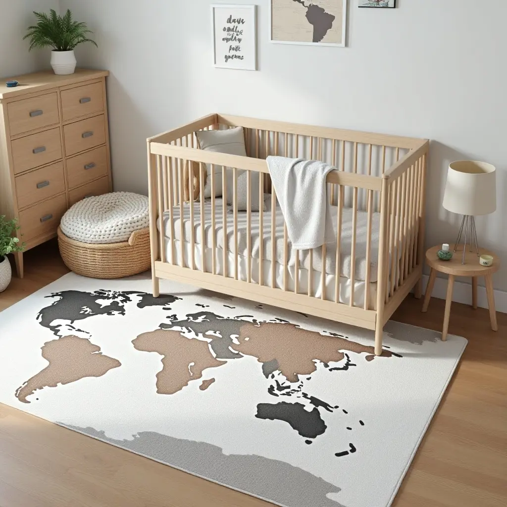 a photo of a travel-themed rug with world map design for a nursery
