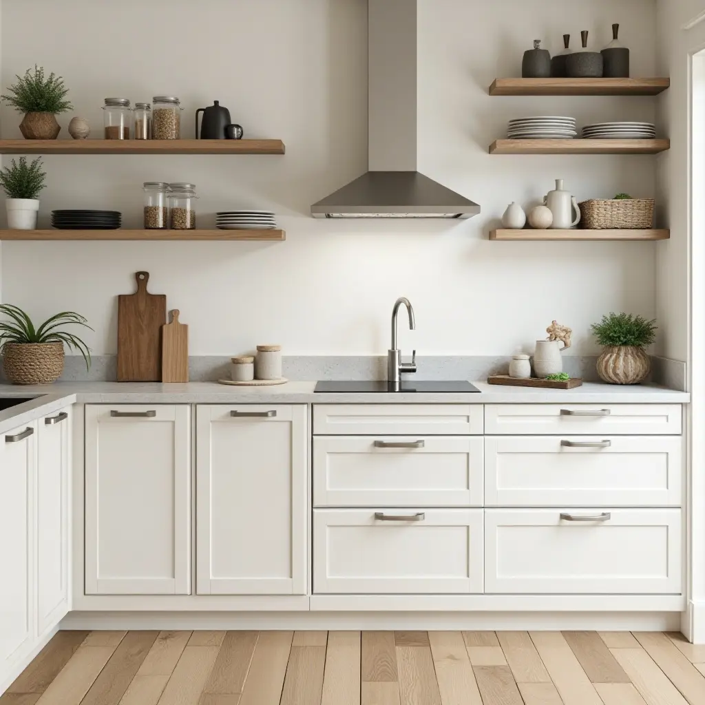 a photo of a beach-style kitchen with light wood, sandy stone, and nautical metal elements