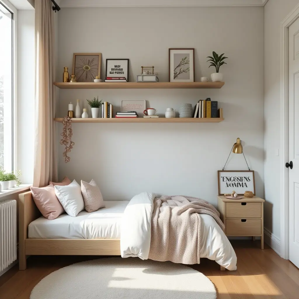 a photo of a teen's bedroom with wall-mounted shelves and personalized decor
