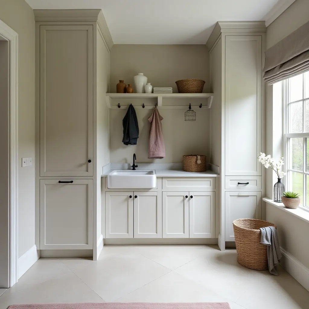 a photo of a contemporary butler's pantry with a monochromatic color scheme