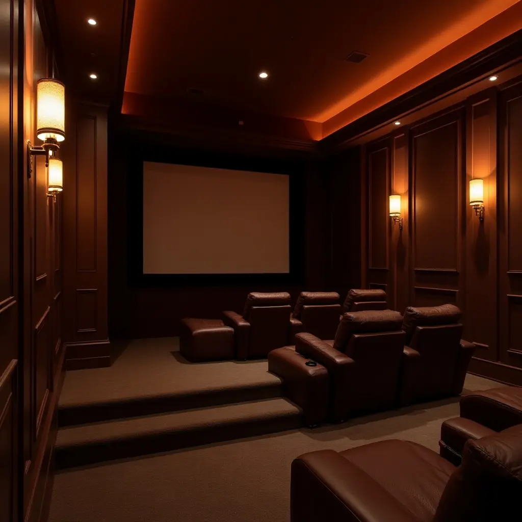 a photo of a basement home theater with dimmable sconces and ambient lighting