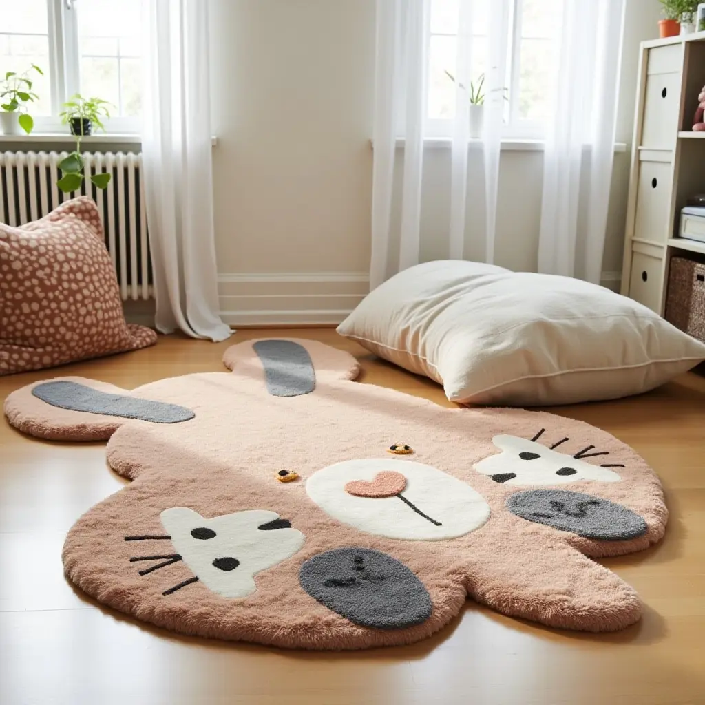 a photo of a whimsical animal-shaped rug in a children's room