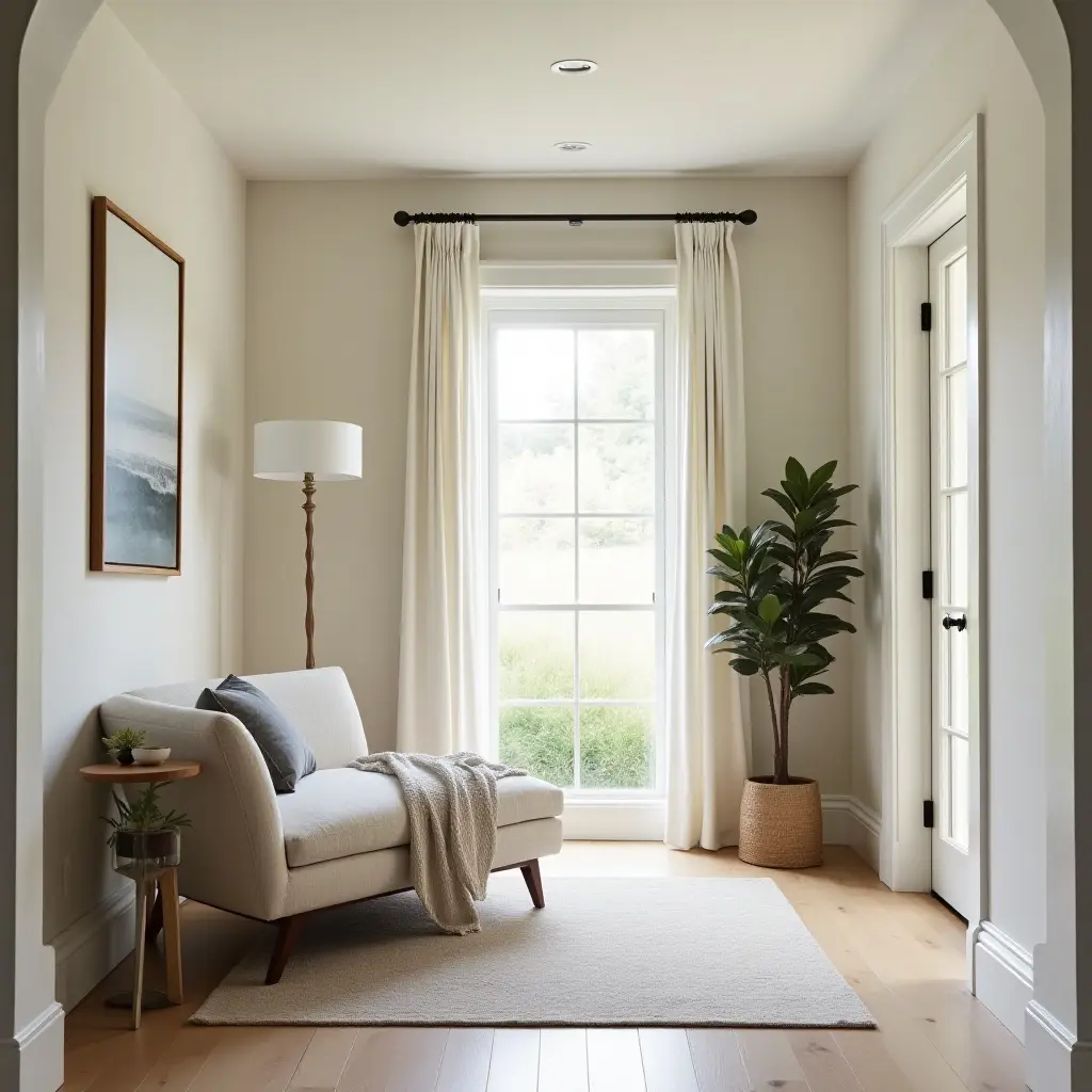 a photo of a bright entryway featuring a comfortable chaise lounge and artwork