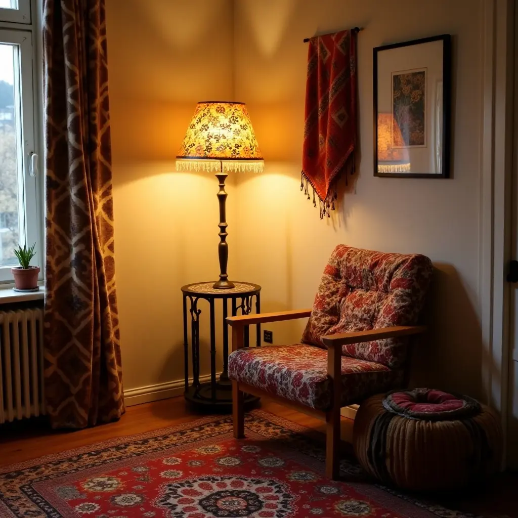 a photo of a cozy corner with a floor lamp and bohemian textiles