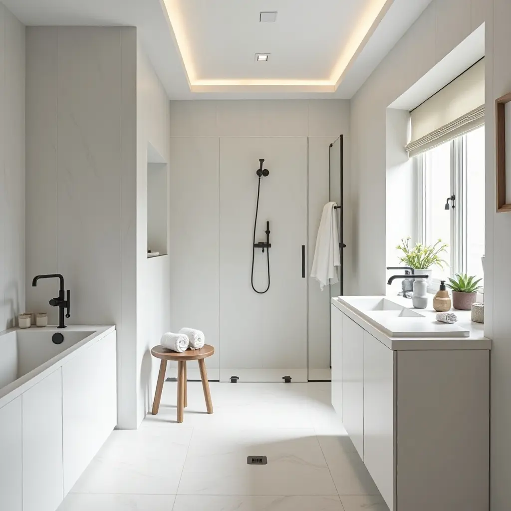 a photo of a contemporary Scandinavian bathroom with sleek fixtures and a bright atmosphere