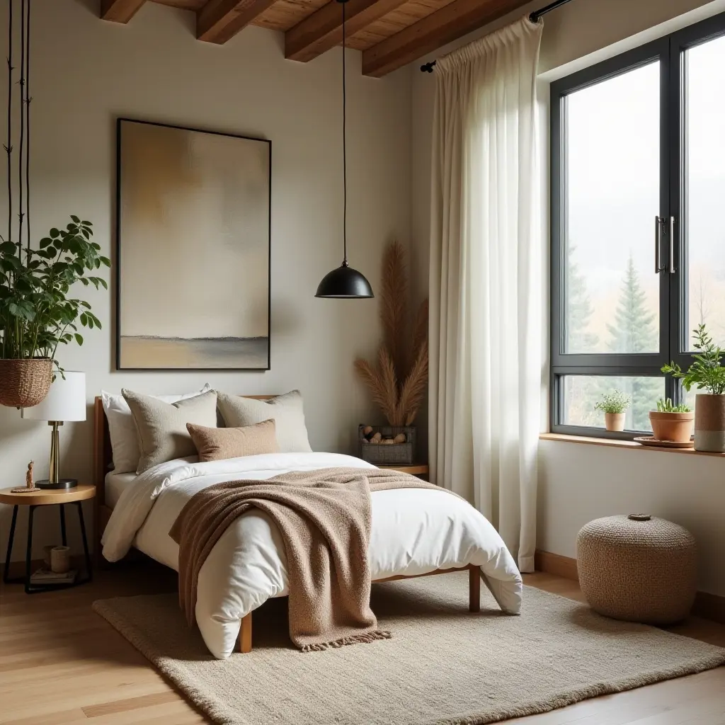 a photo of a nature-inspired kids' bedroom featuring earthy fabric, wooden elements, and rustic metal accents
