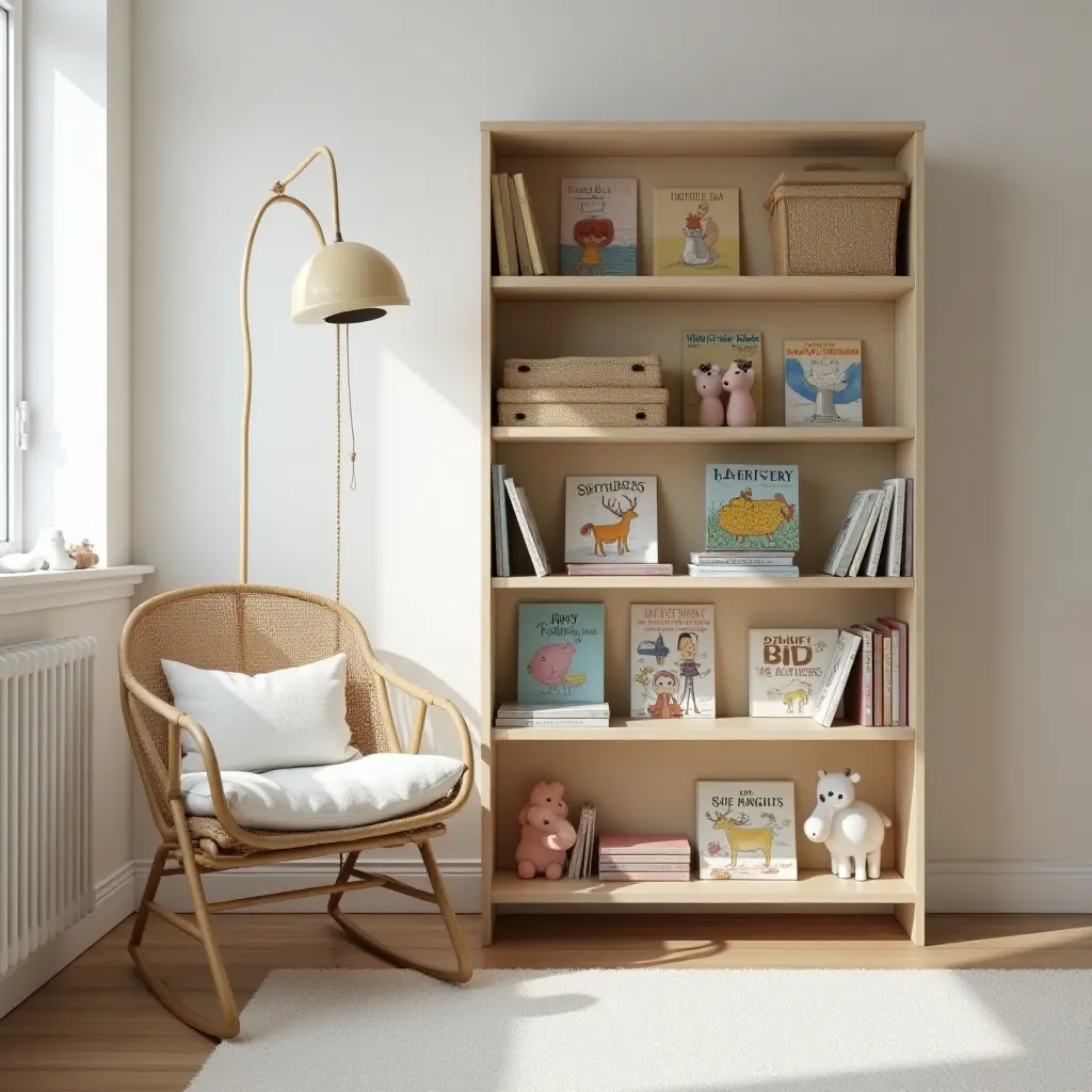 a photo of a nursery with a wooden bookshelf filled with classic children's books