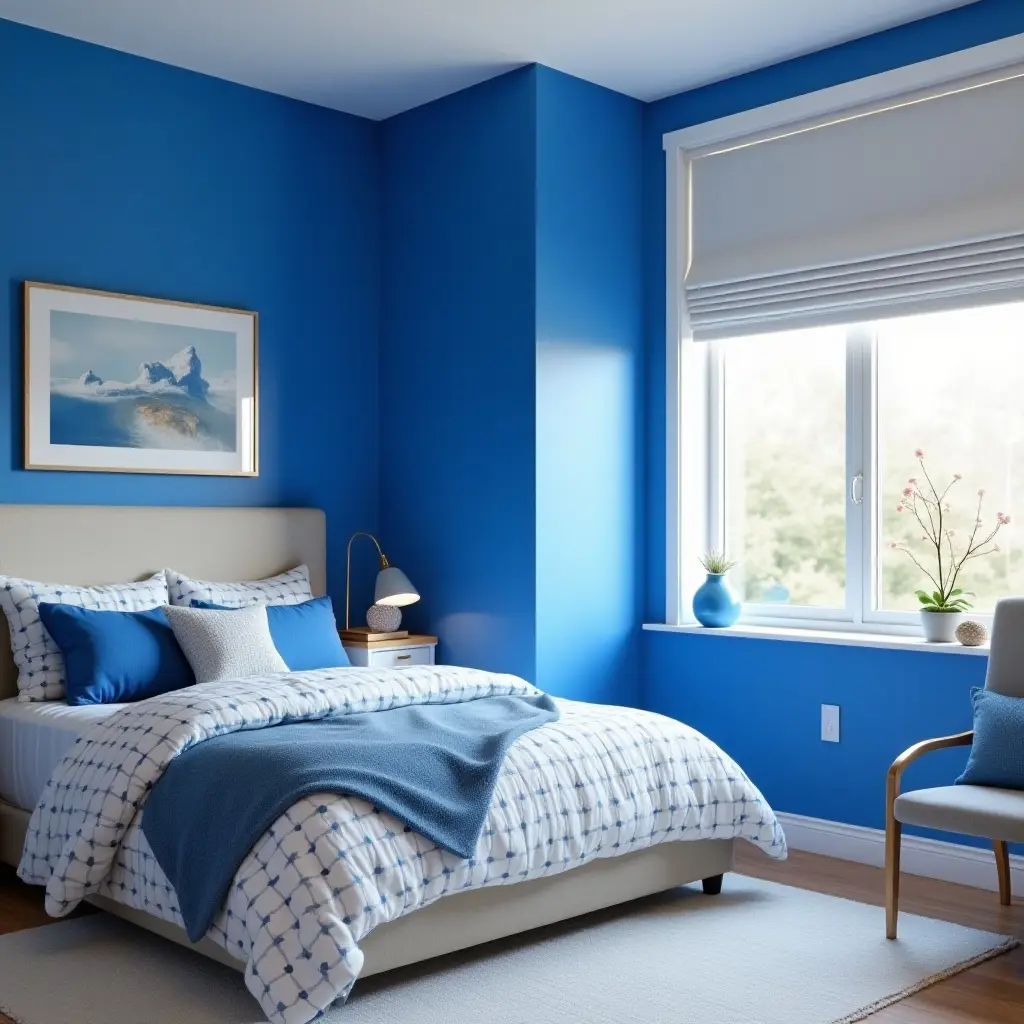 a photo of a cool cobalt blue and white color combination in a teen's room