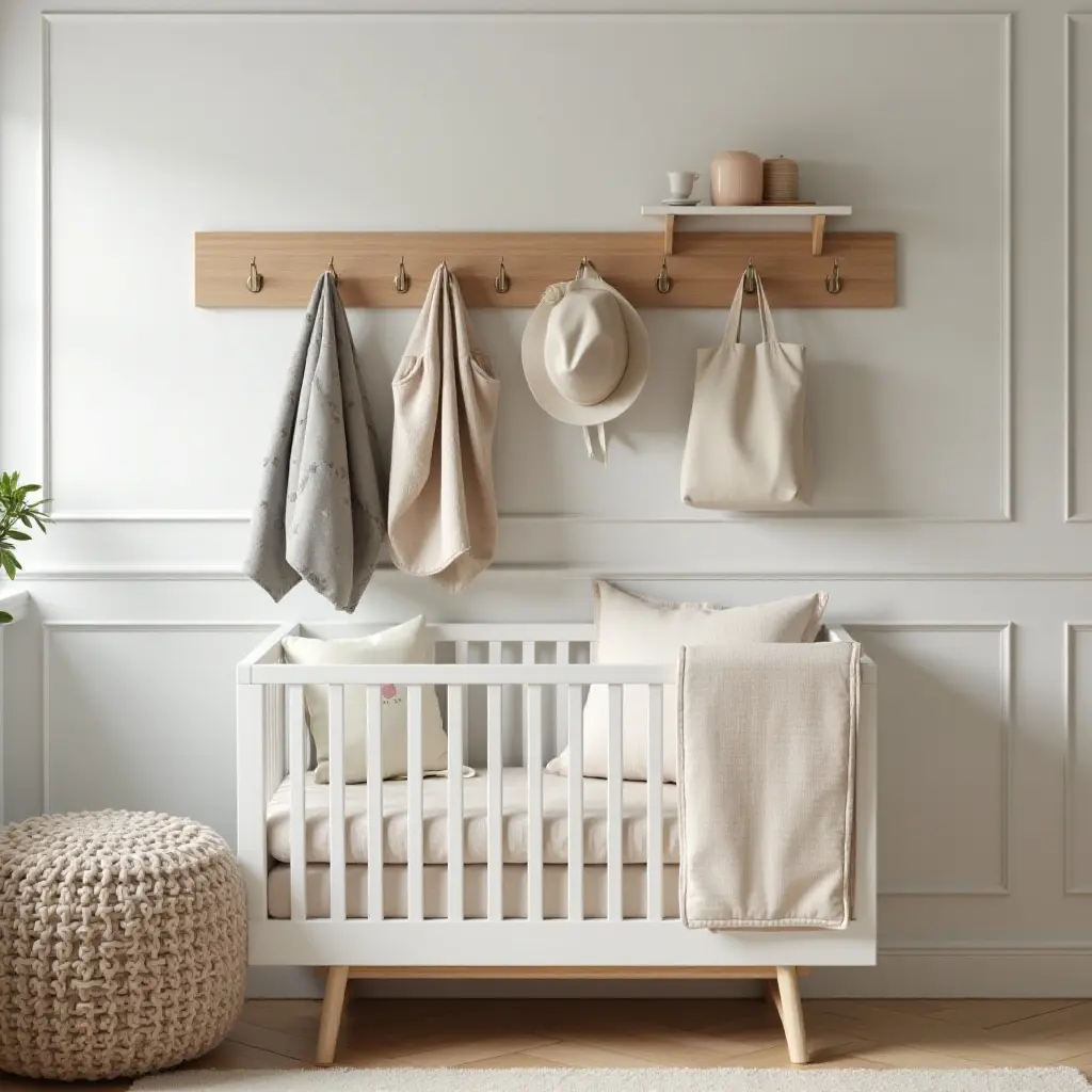 a photo of a nursery with a wall of hooks for bags and hats