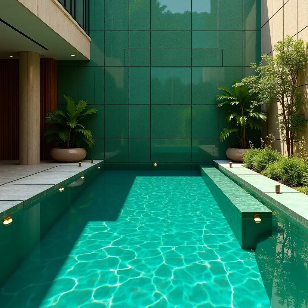a photo of a luxurious pool with deep emerald tiles and gold fixtures