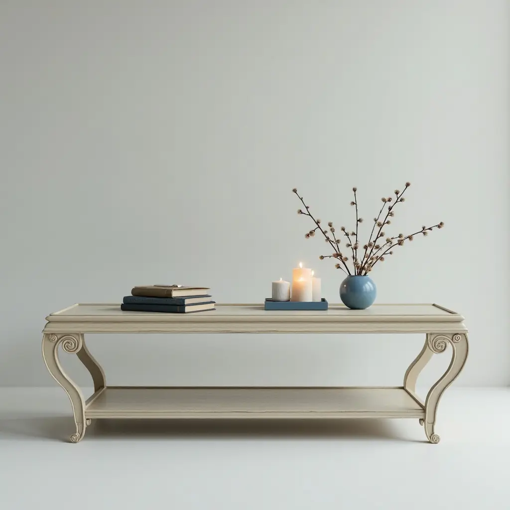 a photo of a chic cream and blue coffee table with decorative books and candles