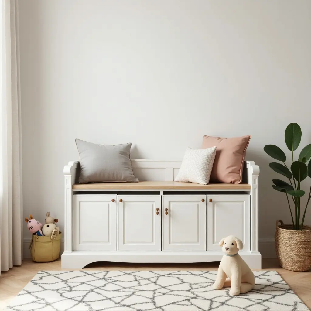 a photo of a creative toy storage bench in a kids' bedroom