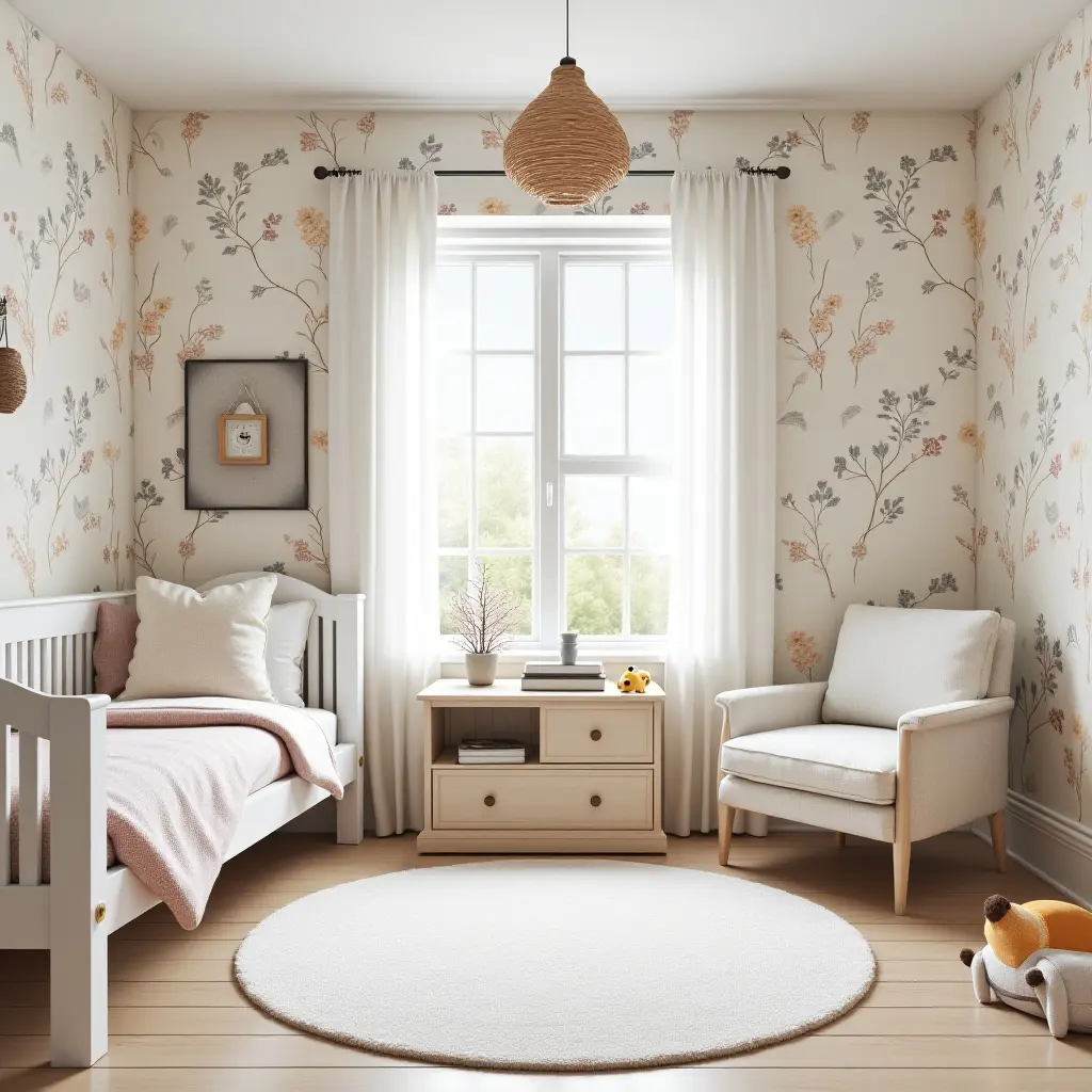 a photo of a charming children's room with floral wallpaper and farmhouse furniture