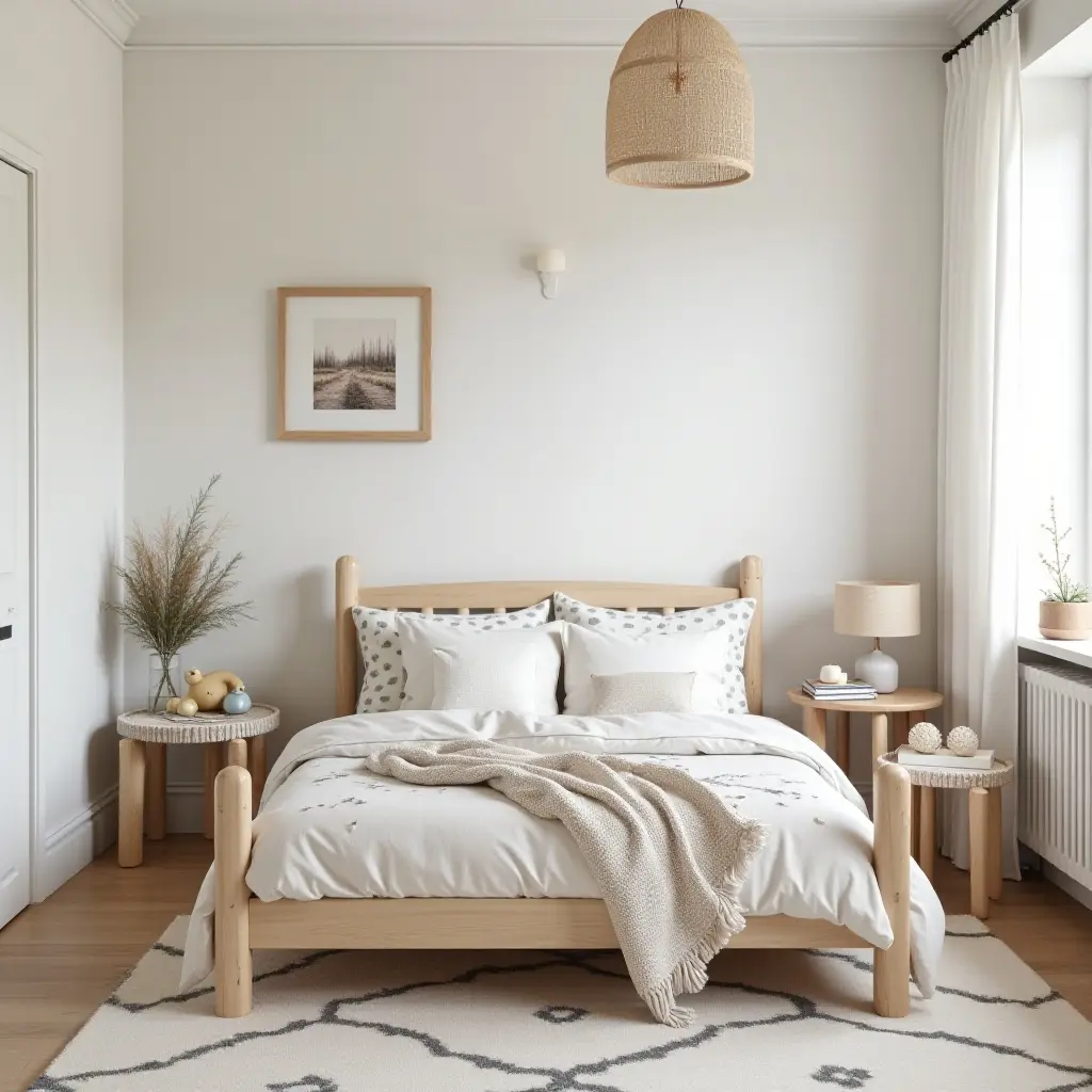 a photo of a serene kids' bedroom featuring Scandinavian design and nature-inspired decor