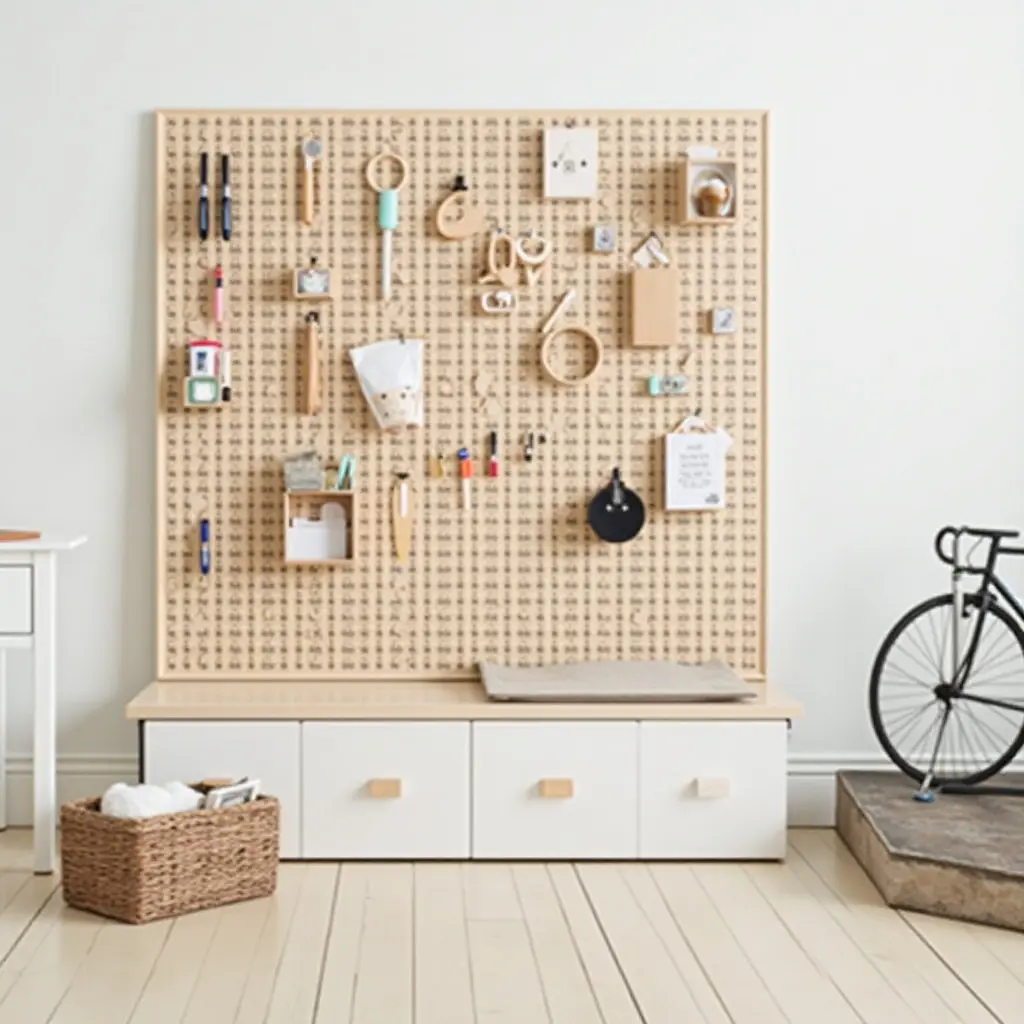 a photo of a stylish pegboard for organizing kids' crafts