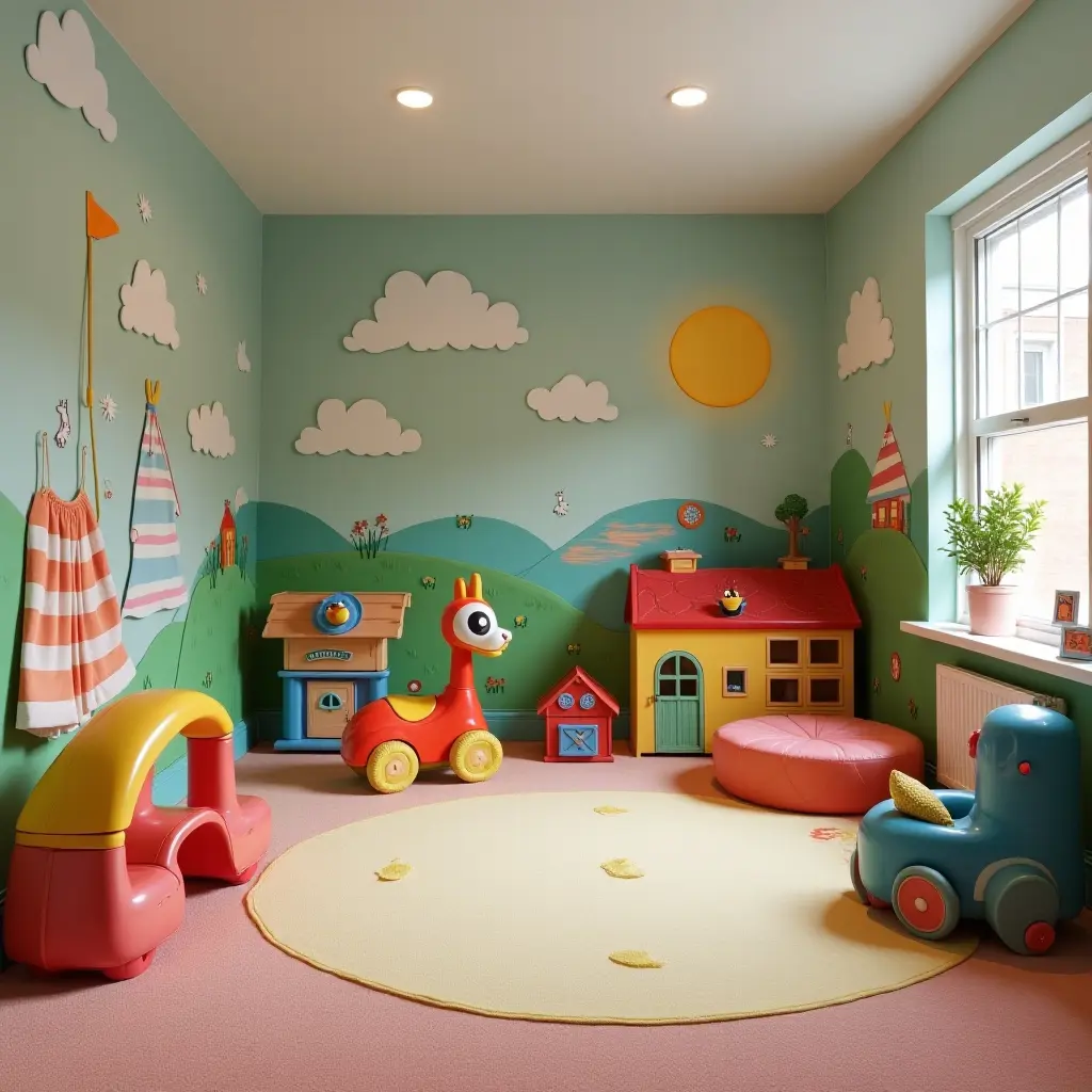 a photo of a children's play area in a basement with colorful toys and imaginative murals