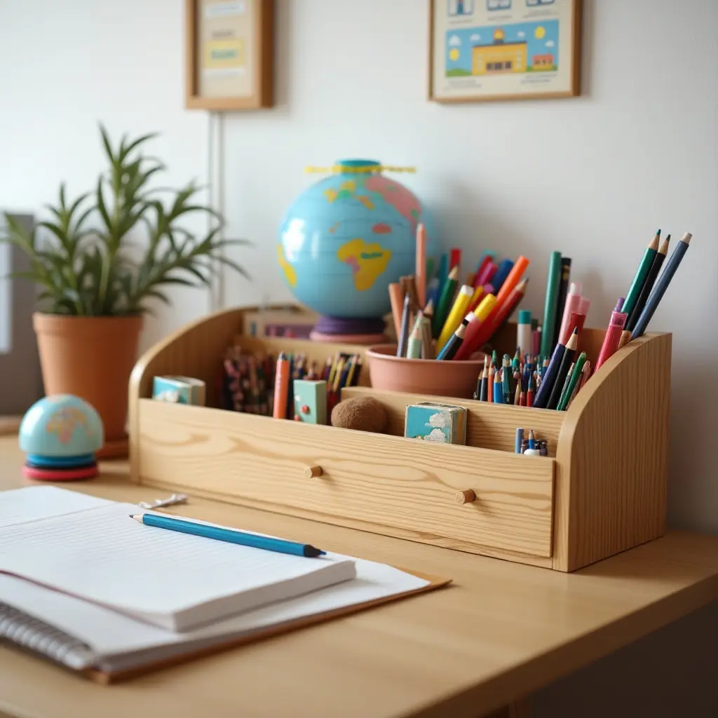 a photo of a wooden desk organizer with school supplies in a teen's room